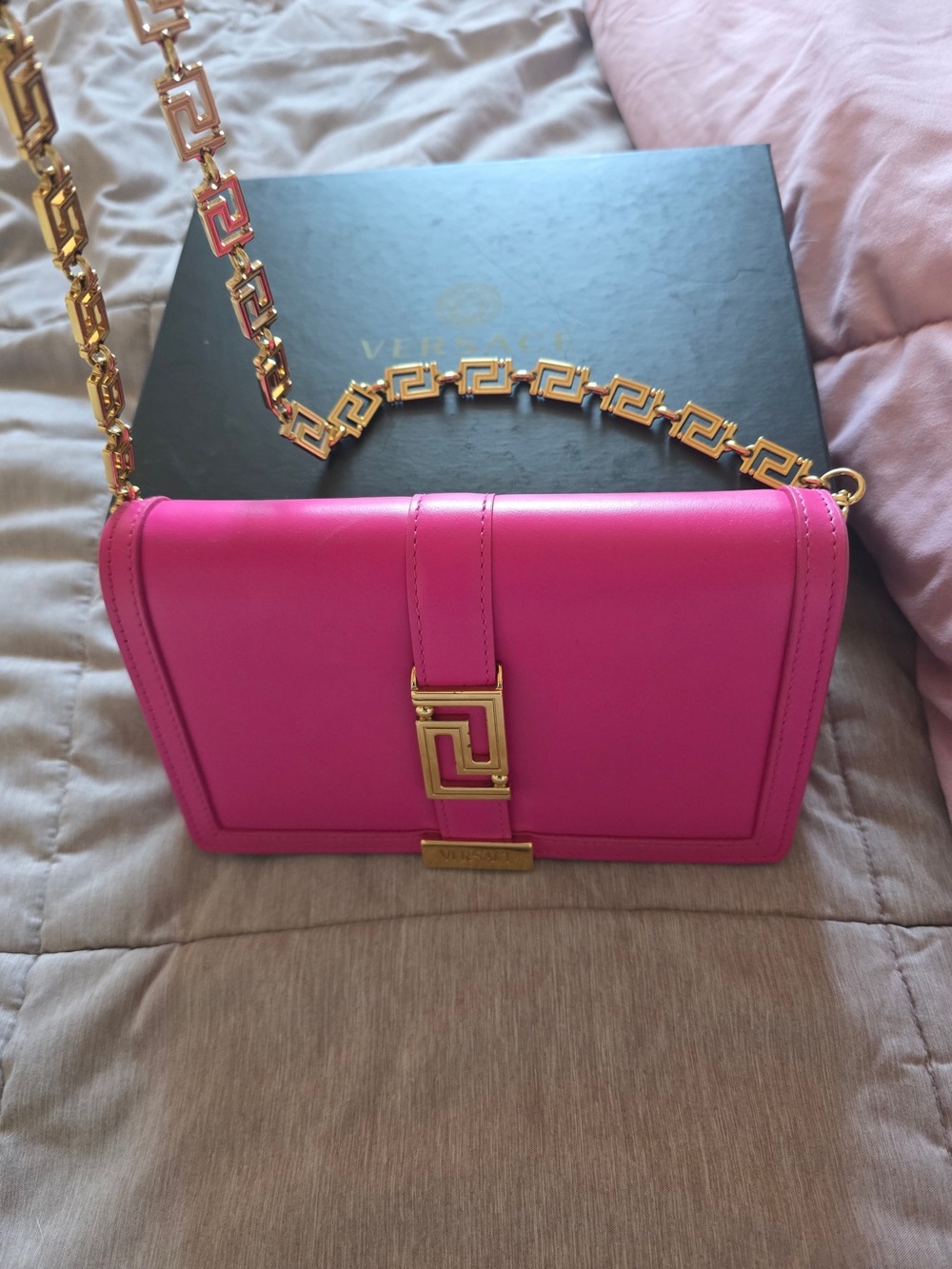 Versace Fuchsia Leather Crossbody with Gold Greek Key Chain